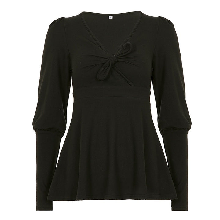 Damen Tailliertes Peplum-Top mit V-Ausschnitt, Knotendetail und Puffärmeln – Orélia