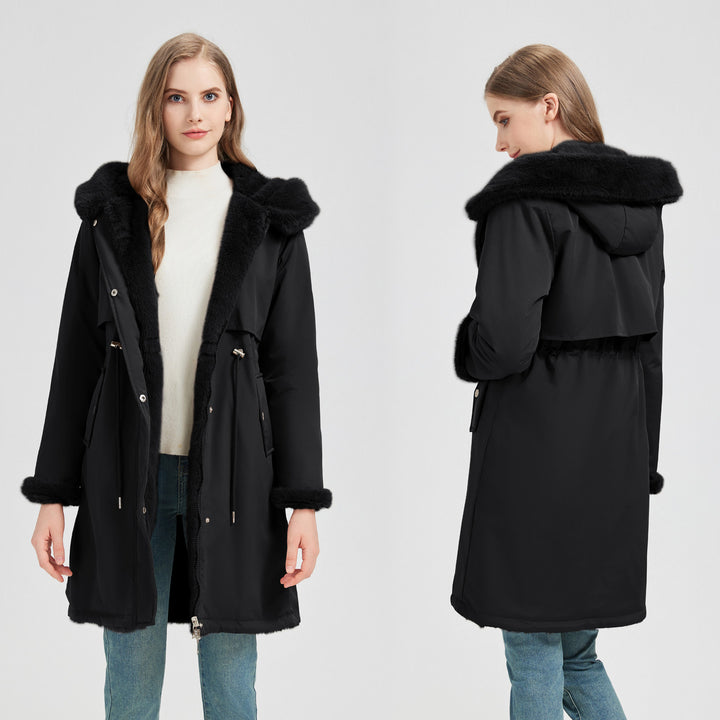 Damen langer Parka mit abnehmbarer Kunstfellkapuze und taillenverstellendem Kordelzug – Montévia