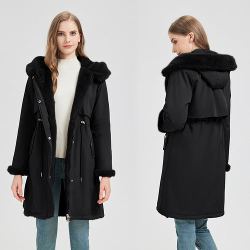 Damen langer Parka mit abnehmbarer Kunstfellkapuze und taillenverstellendem Kordelzug – Montévia
