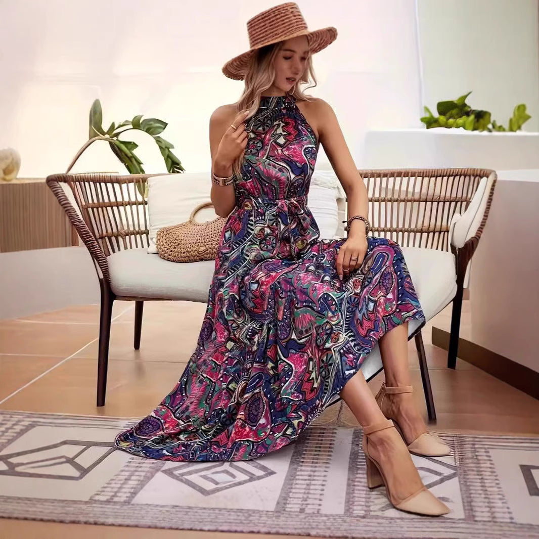 Damen Maxikleid Im Boho-Stil mit Elegantem Halterneck und Seitlichem Bindegürtel Echoarchiv