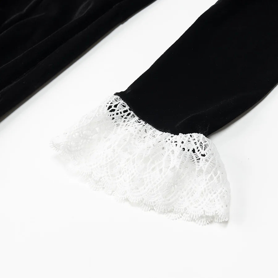 Damen viktorianisches Samt-Maxikleid mit Spitzenkragen, Puffärmeln und taillierter Empirenaht – Valéora