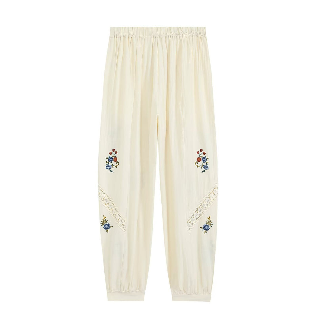 Damen Locker geschnittene Boho-Hose mit floraler Stickerei, Spitzeneinsätzen und elastischen Bündchen Echo Archiv