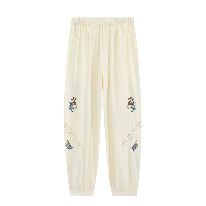 Damen Locker geschnittene Boho-Hose mit floraler Stickerei, Spitzeneinsätzen und elastischen Bündchen Echo Archiv