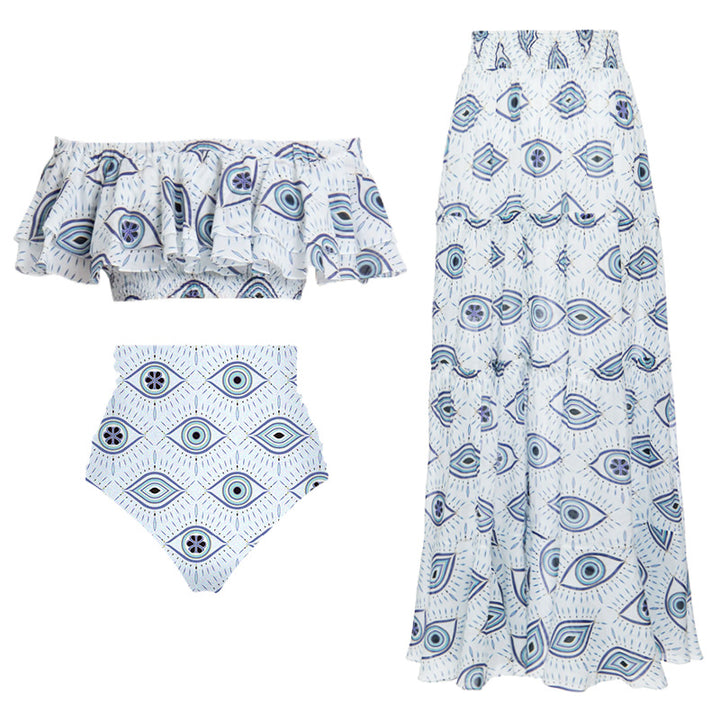 Damen Strandmode-Set mit verspieltem Rüschenshirt und hochtailliertem Höschen Echo Archiv