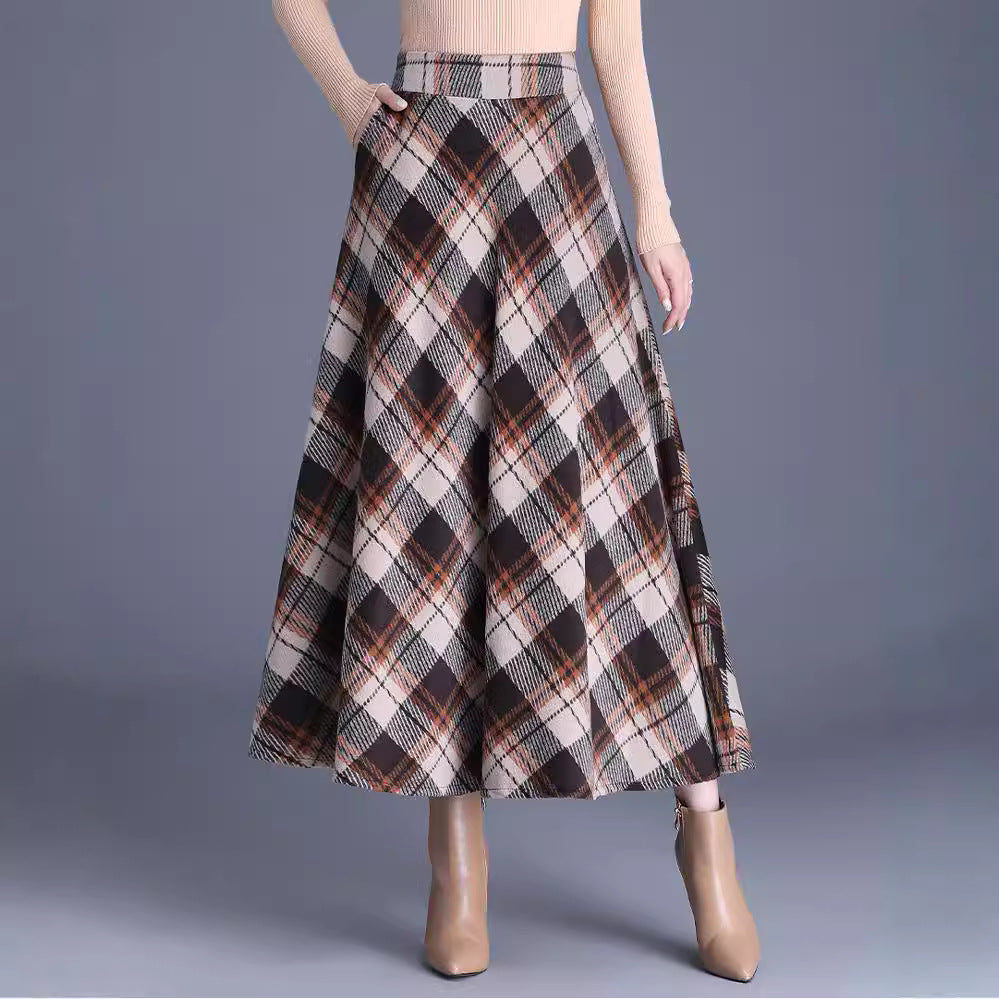 Damen nan weiter karierter Tellerrock aus Wollmix mit hoher Taille und Eingrifftaschen Echo Archiv