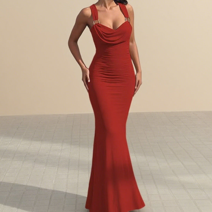 Damen Elegantes figurbetontes Abendkleid mit drapiertem Oberteil und goldenen Trägern Echo Archiv