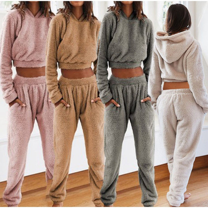 Damen Kuschelige Teddy-Fleece-Loungewear mit Cropped-Hoodie und High-Waist-Jogginghose Echo Archiv