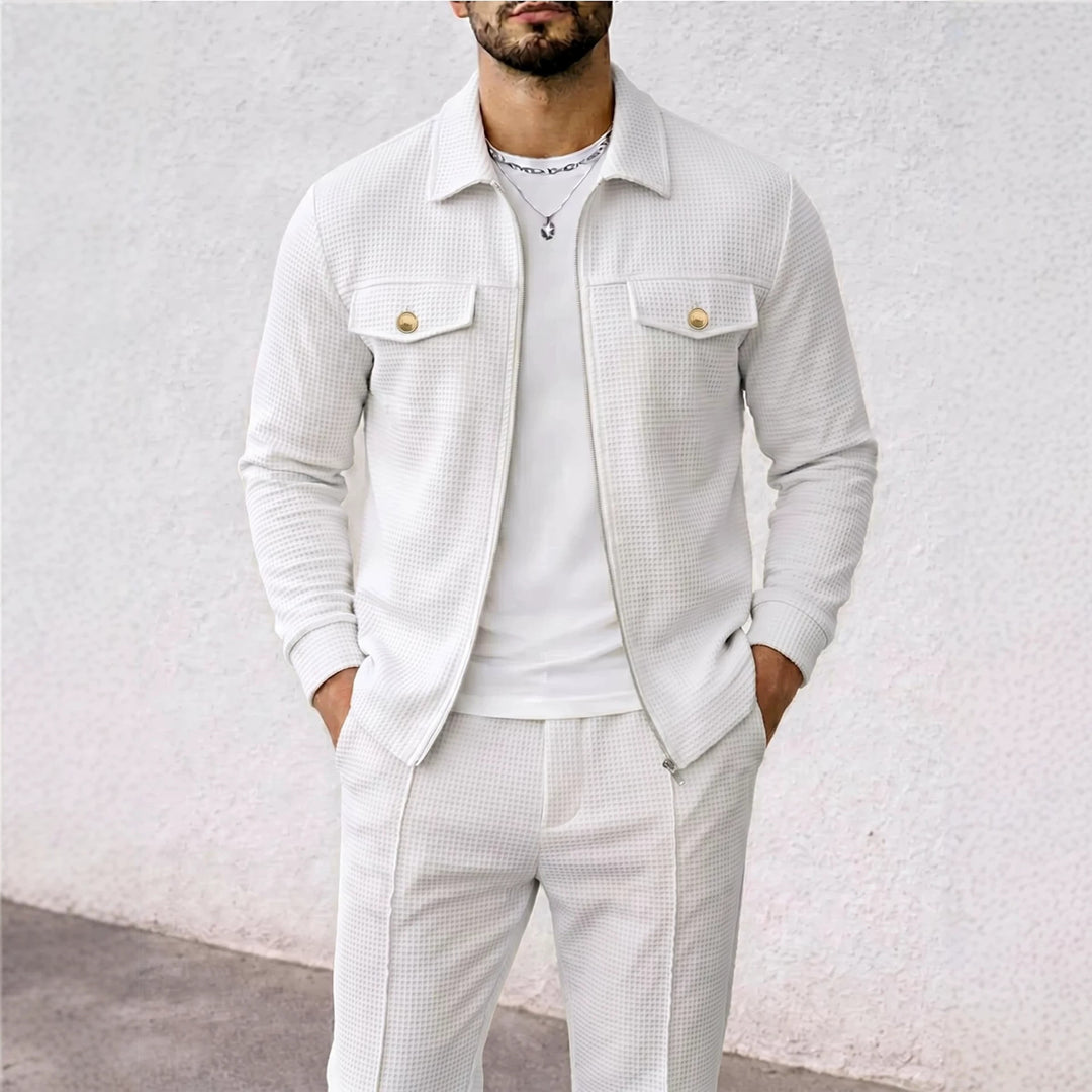 Herren strukturierte Overshirt-Jacke mit Waffelstruktur, Pattentaschen und verdecktem Reißverschluss – Taviero