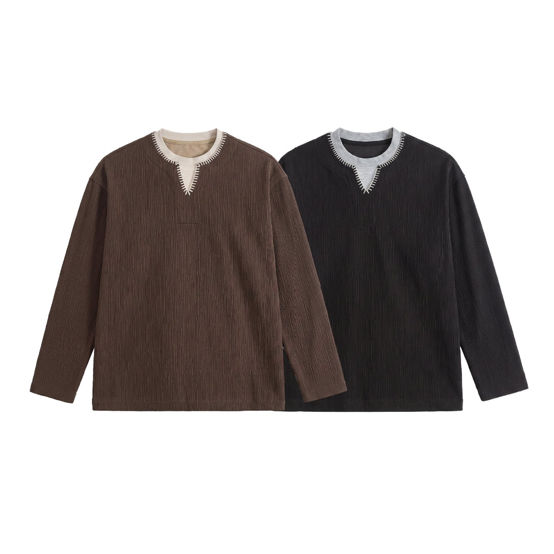 Herren Texturierter Sweatshirt-Pullover mit Lagenkragen und dekorativer Ziernaht Echoarchiv