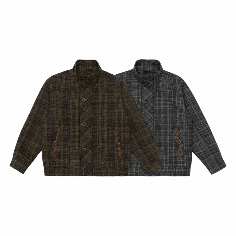 Herren Boxy-Blouson aus Wollmix mit Stehkragen, verdeckter Knopfleiste und Lederapplikationen Echo Archiv