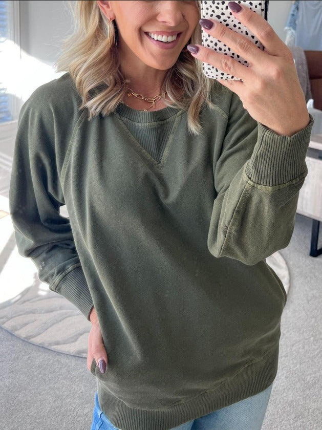 Damen Oversize Baumwoll-Sweatshirt mit V‑Stitch, Rippbündchen und Seitentaschen Echoarchiv