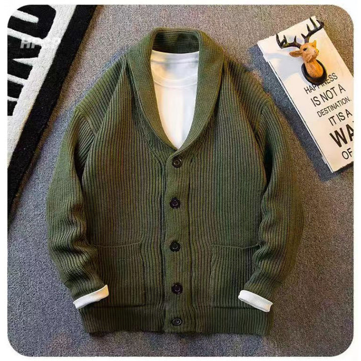 Herren Schalkragen-Cardigan aus grobem Rippstrick mit Taschen & Knopfleiste Echoarchiv