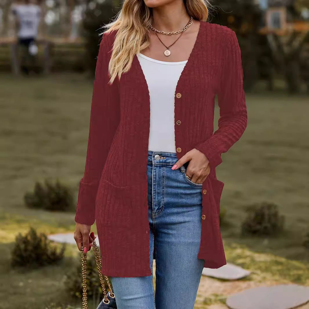 Damen nan langer gerippter Strickcardigan mit Eingrifftaschen und Holzknöpfen Echo Archiv