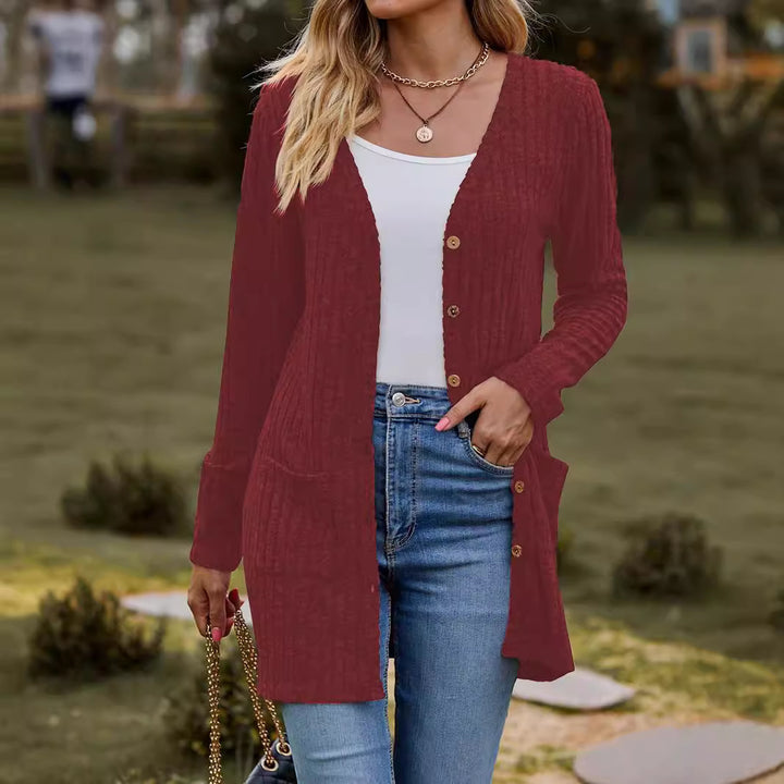 Damen nan langer gerippter Strickcardigan mit Eingrifftaschen und Holzknöpfen Echo Archiv