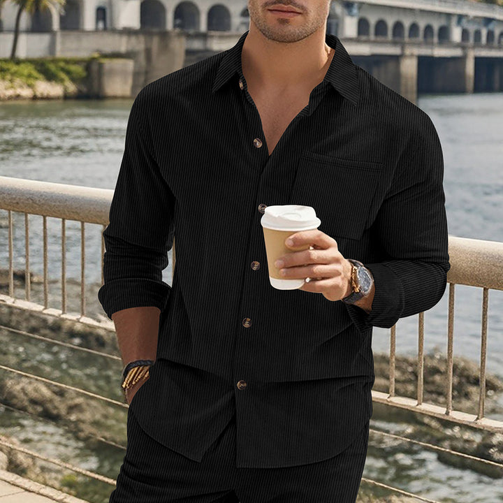 Herren gestreiftes Langarmshirt mit modischem Stehkragen und praktischer Brusttasche Echoarchiv