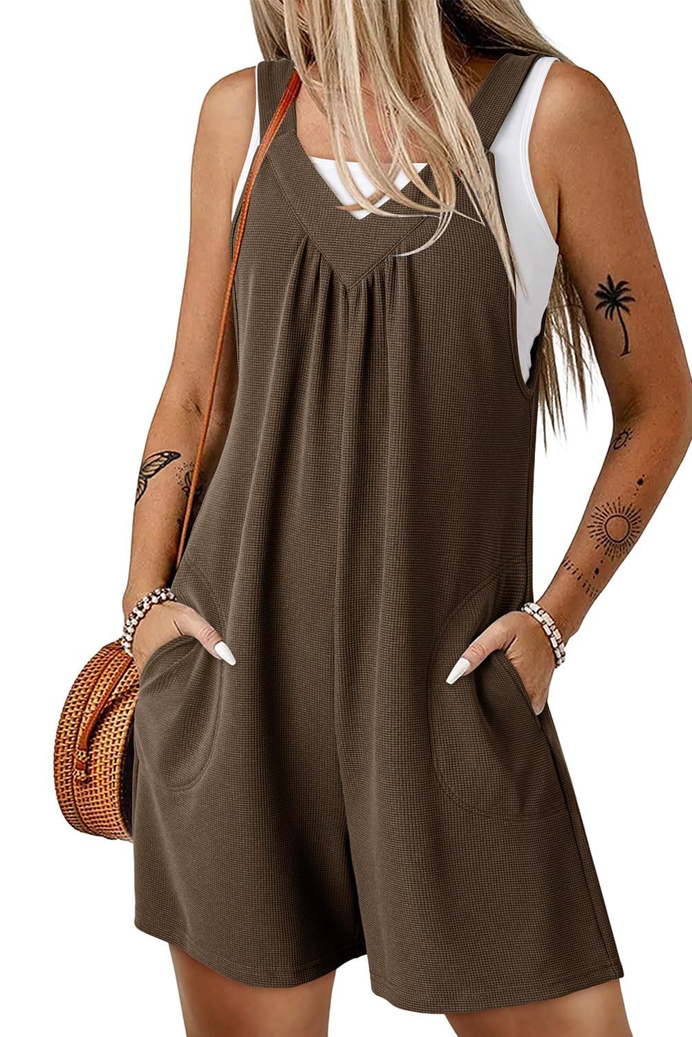 Damen Ärmelloser Waffel-Shorts-Overall mit V‑Ausschnitt und Eingrifftaschen – Solévia