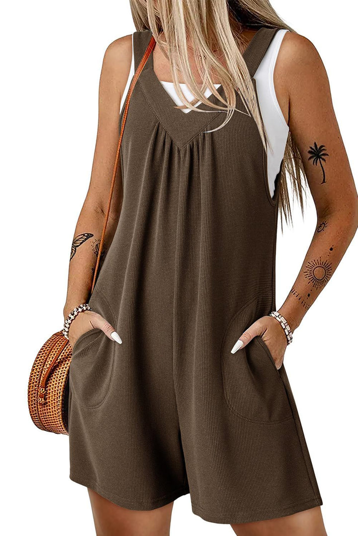 Damen Ärmelloser Waffel-Shorts-Overall mit V‑Ausschnitt und Eingrifftaschen – Solévia
