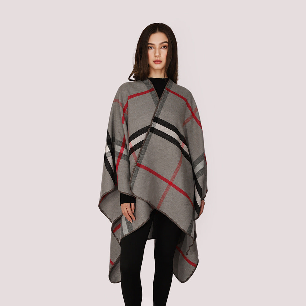 Damen Karierter Wollmix‑Poncho im Oversize‑Cape‑Schnitt mit Zierstichkante Echo Archiv