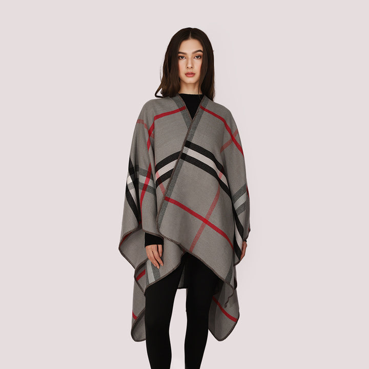 Damen Karierter Wollmix‑Poncho im Oversize‑Cape‑Schnitt mit Zierstichkante Echo Archiv