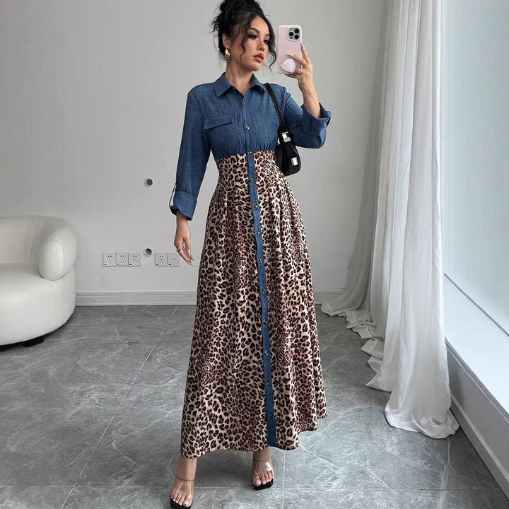 Damen Hemdblusenkleid mit Jeansoberteil und Leoparden-Maxirock – Élovi