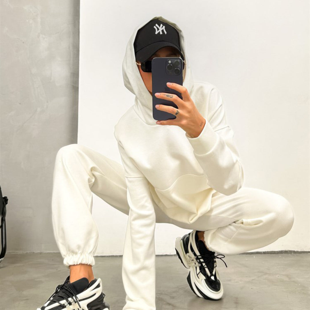 Damen nan Cropped Kapuzenpullover und taillierte Bündchen-Jogginghose Set aus schwerem French Terry Echo Archiv