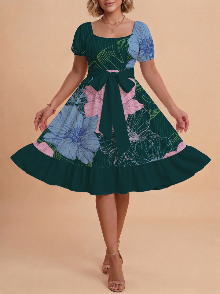 Damen Blumenkleid mit taillierbarem Gürtel und voluminösen Ärmeln Echo Archiv