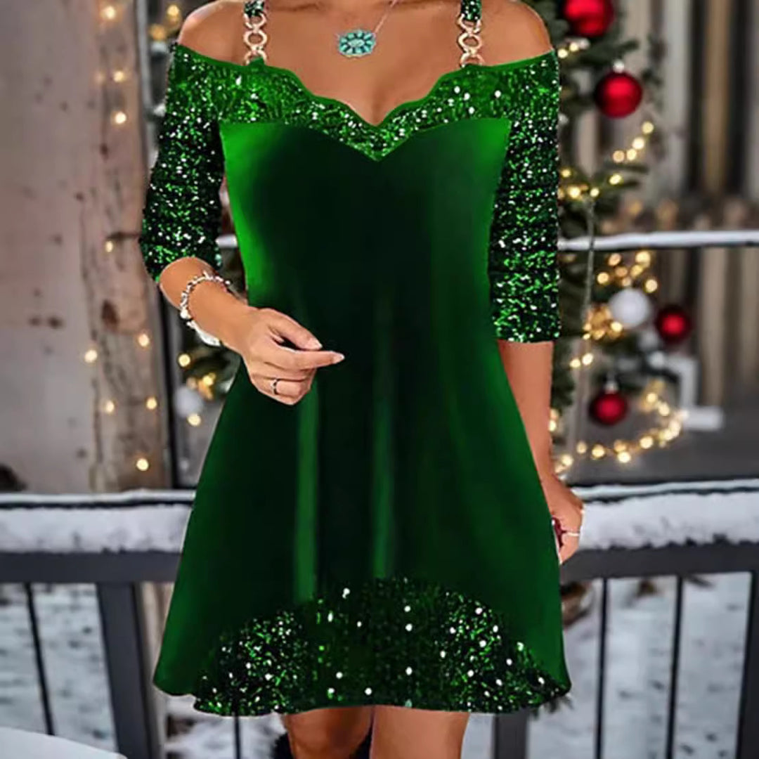 Damen nan schulterfreies Pailletten-Swingkleid mit zierlichen Ketten‑Trägern, halblangen Ärmeln und Volantbesatz Echo Archiv