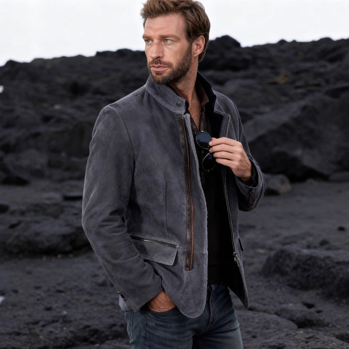Herren nan elegante Wildlederjacke mit Stehkragen und verdecktem Reißverschluss Echo Archiv