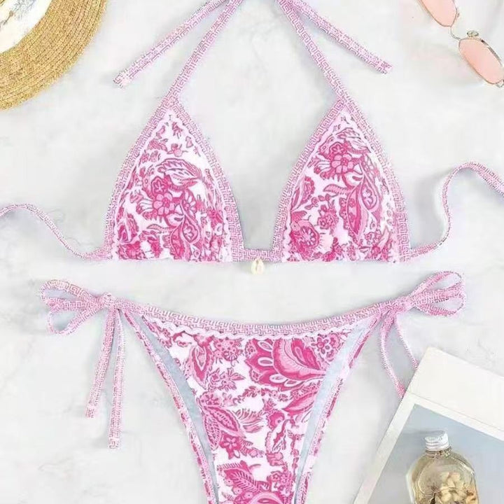Damen Triangel-Bikini mit floralem Muster und verstellbaren Bindebändern Echo Archiv