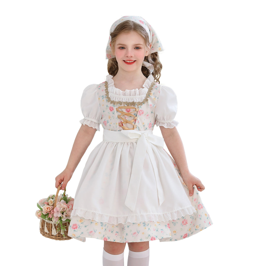 Damen nan traditionelles Dirndlkleid für Mädchen mit bestickter Schürze, Rüschenkragen und passendem Kopftuch Echo Archiv