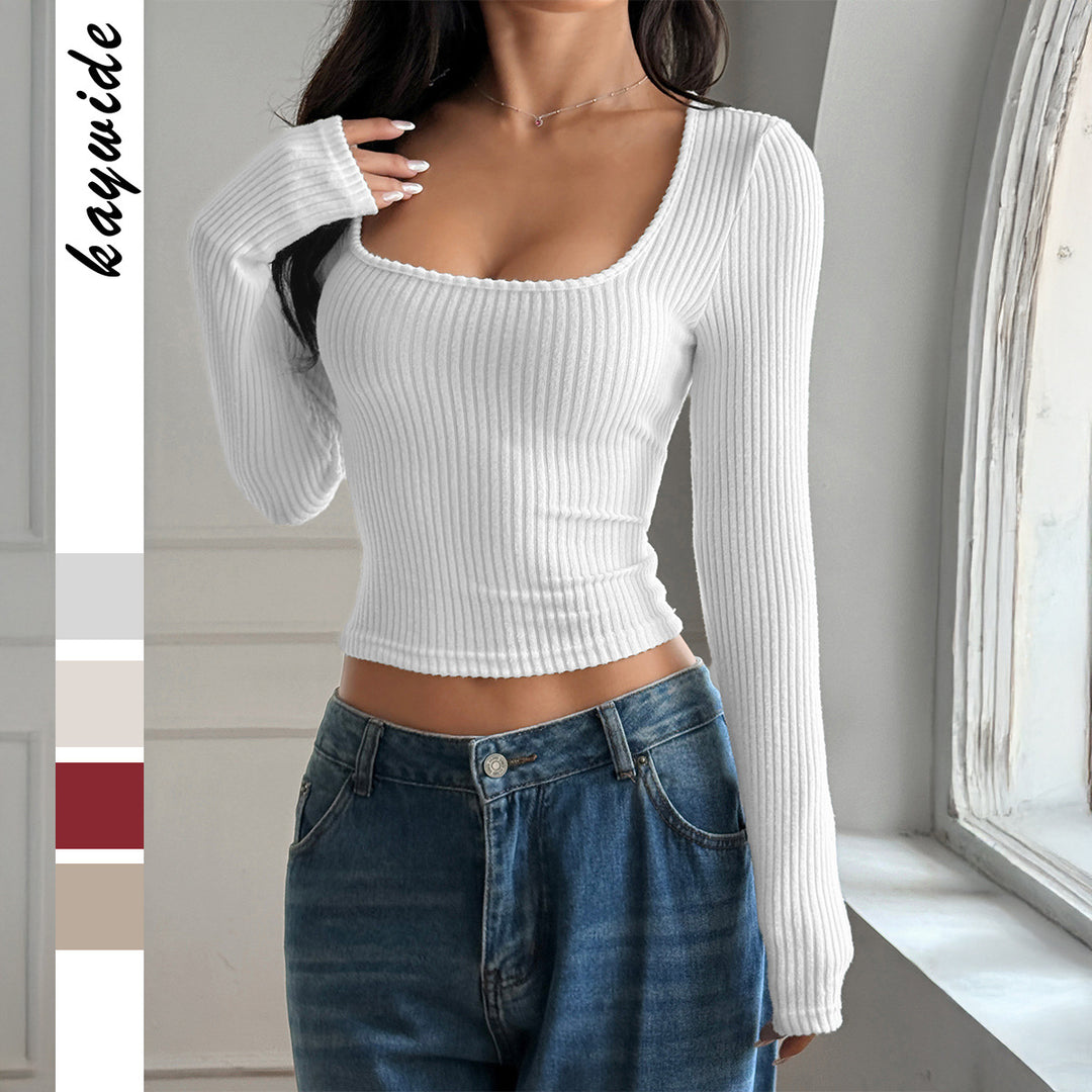 Damen tailliertes Rippstrick-Longsleeve mit tiefem quadratischem Ausschnitt und formendem Shaping-Effekt – Avérine
