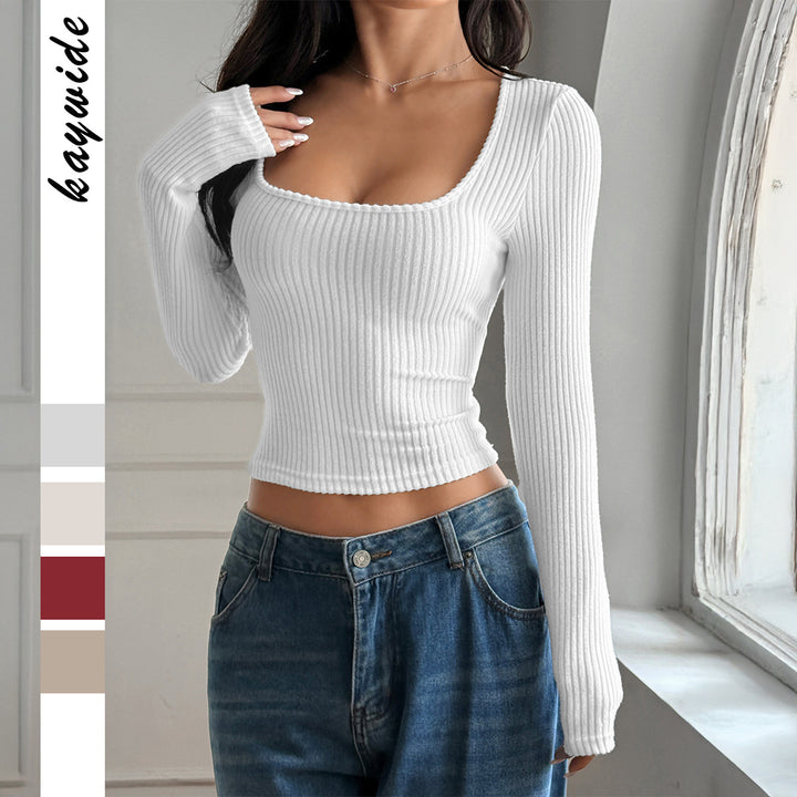 Damen tailliertes Rippstrick-Longsleeve mit tiefem quadratischem Ausschnitt und formendem Shaping-Effekt – Avérine