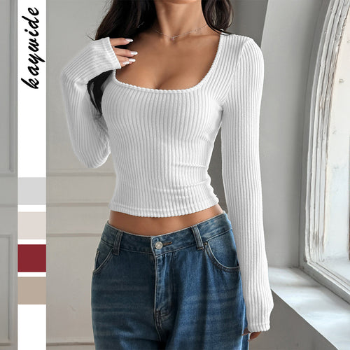 Damen tailliertes Rippstrick-Longsleeve mit tiefem quadratischem Ausschnitt und formendem Shaping-Effekt – Avérine