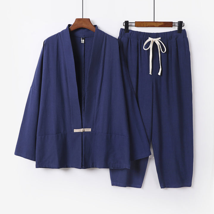 Unisex Lässiges Kimono-Loungewear-Set aus leichtem Leinenmix mit Kordelbundhose Echoarchiv