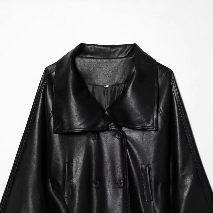 Damen Cropped Kunstleder‑Trenchjacke im Boxy‑Schnitt mit übergroßem Schalkragen und Bindegürtel Echoarchiv