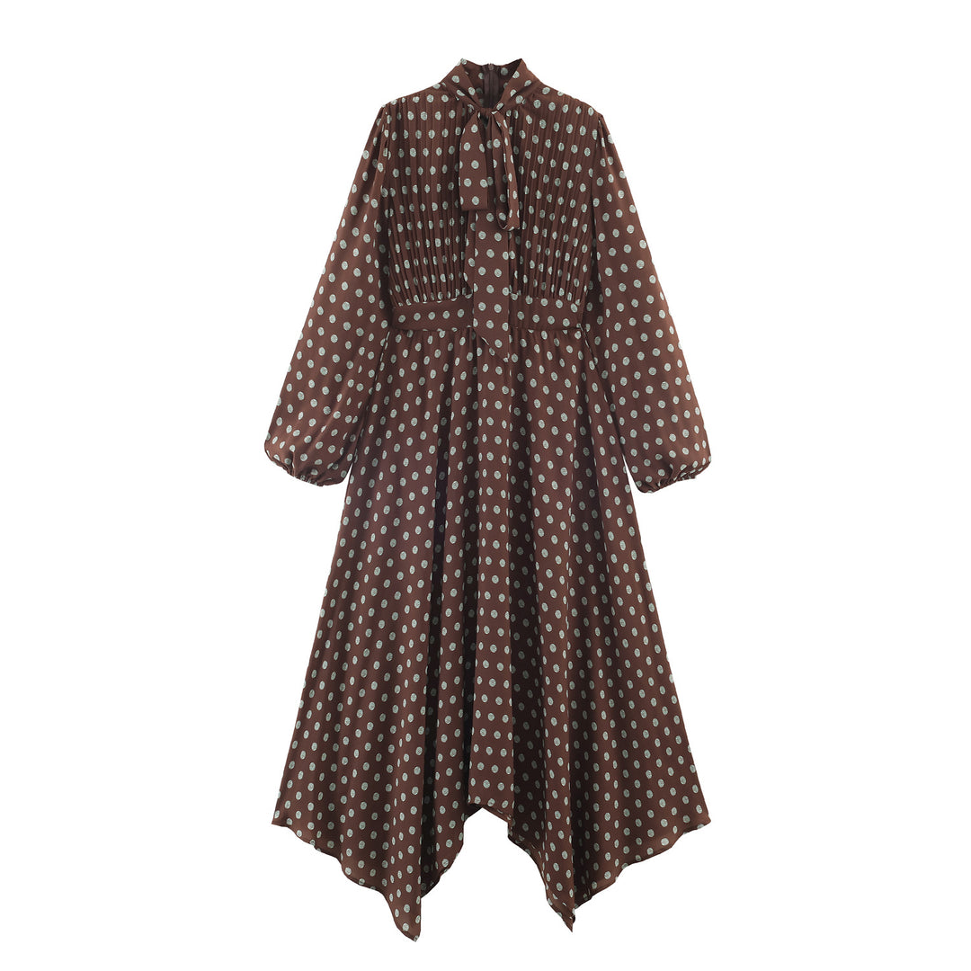 Damen gepunktetes Midi Kleid mit Stehkragen, Schleifenband, Plisseeoberteil und asymmetrischem Saum – Élara