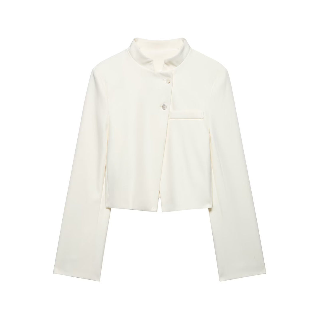Damen Kurzer taillierter Blazer mit Stehkragen und asymmetrischer Knopfleiste Echo Archiv