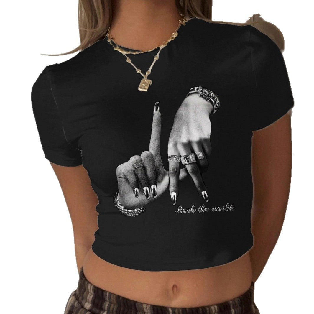 Damen Crop-T-Shirt mit künstlerischem Handdesign und motivierendem Schriftzug Echo Archiv