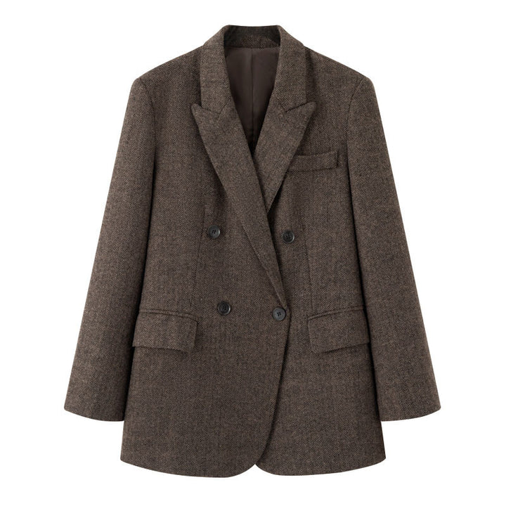 Damen Zweireihiger Wollmix-Blazer im Fischgrätmuster mit Pattentaschen Echo Archiv