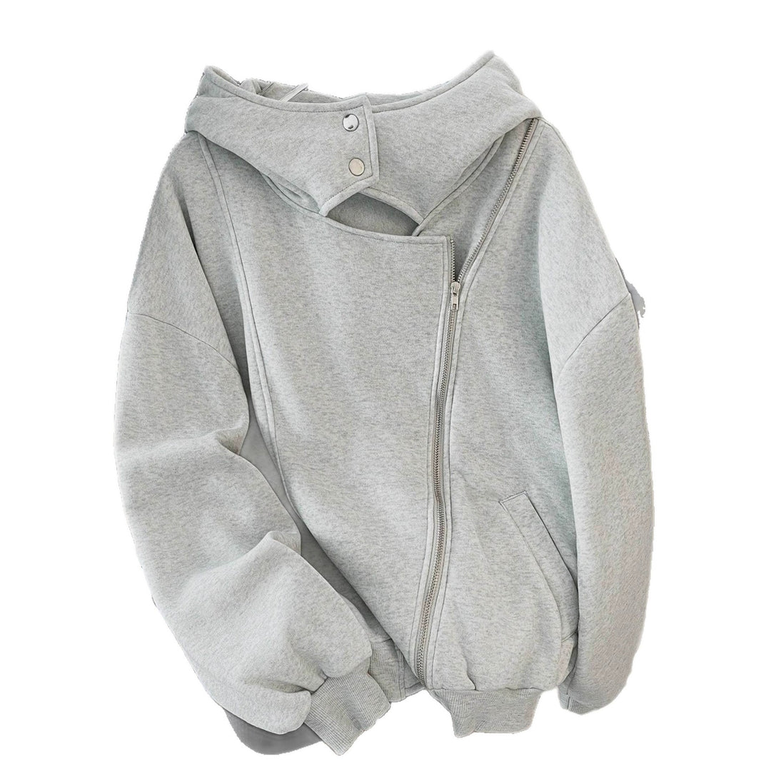 Damen Oversized Kapuzenjacke mit asymmetrischem Reißverschluss und Cut-Out-Detail – Avérine