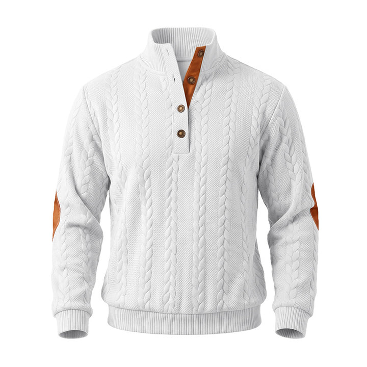 Herren Troyer-Pullover mit Zopfmuster, Ellbogen‑Patches und kontrastierter Knopfleiste Echoarchiv
