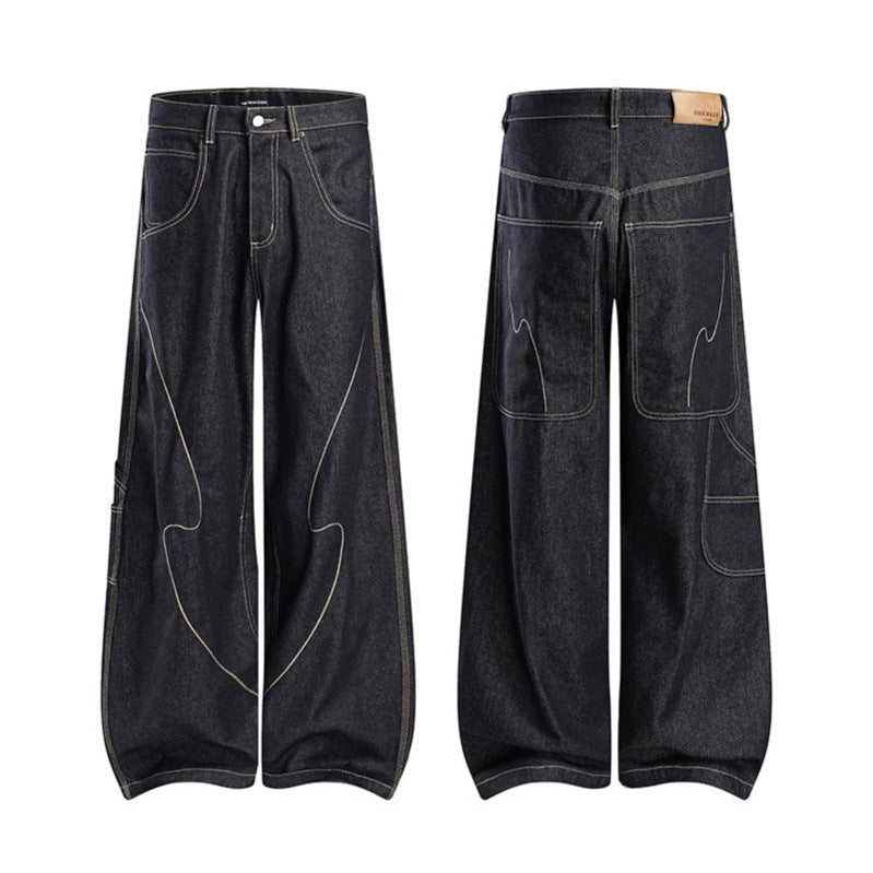 Damen High‑Waist weite Balloon-Jeans mit Kontrastnähten und Utility‑Tasche Echoarchiv