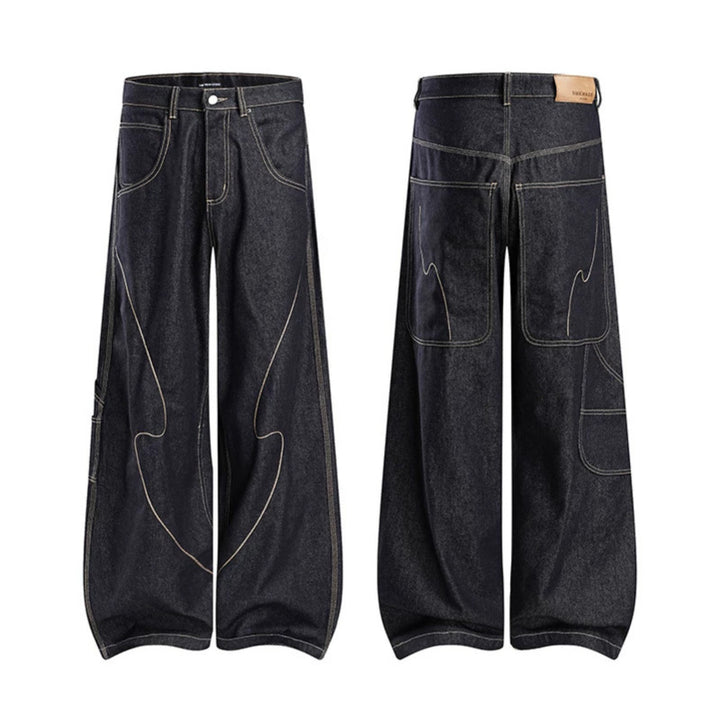 Damen High‑Waist weite Balloon-Jeans mit Kontrastnähten und Utility‑Tasche Echoarchiv