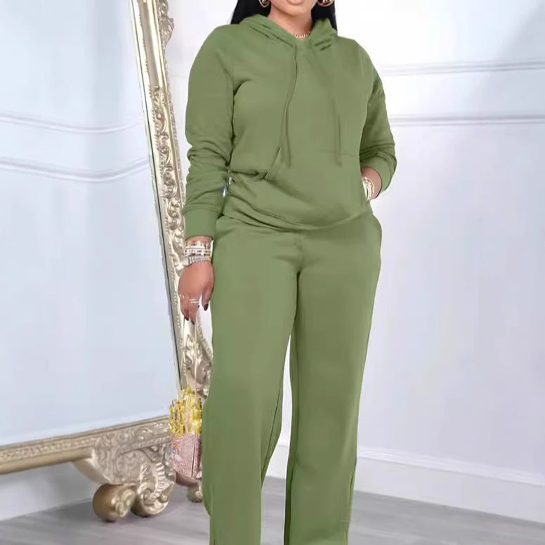 Damen Relax-Loungewear-Set mit weitem Highwaist-Palazzo-Jogger, Kapuzenpullover mit Kängurutasche und seitlichem Saumschlitz – Avérine