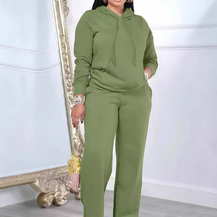 Damen Relax-Loungewear-Set mit weitem Highwaist-Palazzo-Jogger, Kapuzenpullover mit Kängurutasche und seitlichem Saumschlitz – Avérine