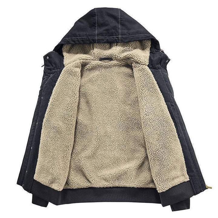 Herren Canvas-Kapuzenjacke mit Sherpa-Innenfutter, Utility-Taschen und Rippbündchen – Taviero