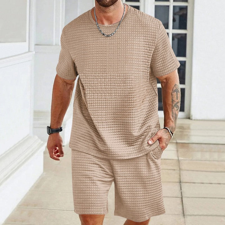 Herren nan leichter Freizeit-Zweiteiler in Waffelstruktur mit Rundhals-T-Shirt und komfortablen Shorts Echoarchiv