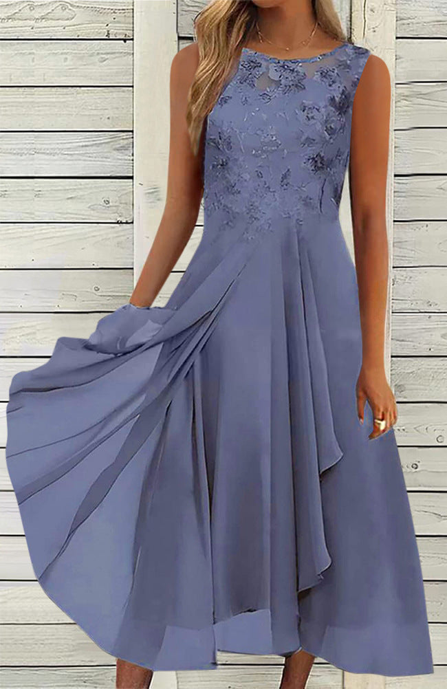 Damen nan ärmelloses Chiffon-Midikleid mit bestickter Brustpartie und asymmetrischem Lagenrock Echoarchiv
