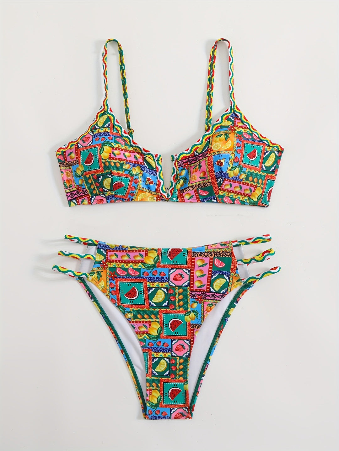 Damen Bikini-Set mit buntem Fruchtmuster und raffinierten Trägerdetails Echo Archiv