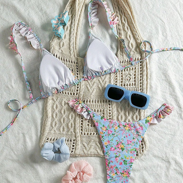 Damen Triangel-Bikini-Set mit floralen Rüschendetails und verstellbaren Trägern Echo Archiv